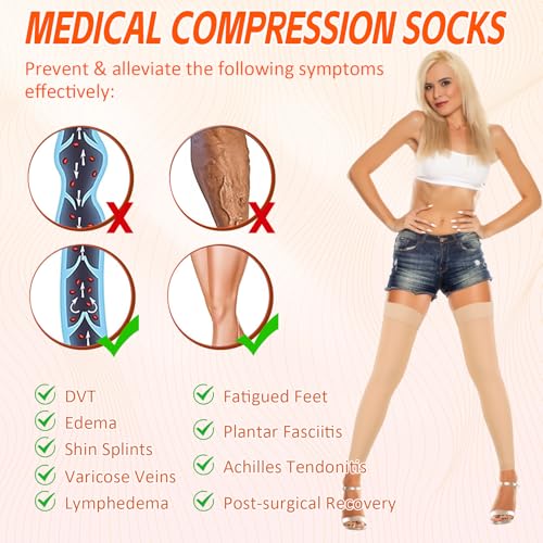 20-30 mmHg Footless Thigh High Compression Socks for Women Men - color: 1 Pair-Beige, size: Small