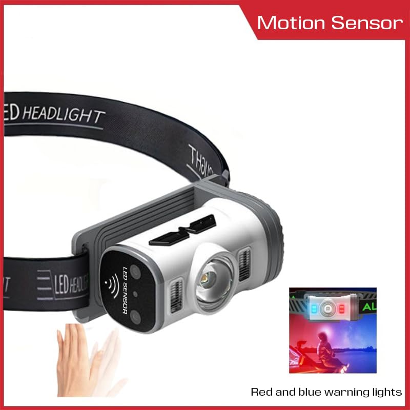 Headlamp Rechargeable, Super Bright LED Motion Sensor Headlight EDC, Detachable Head Lamp with Headband, Waterproof 8-Mode Flashlight with Red/BLue/White Light for Camping, Hiking, Running, Fishing
