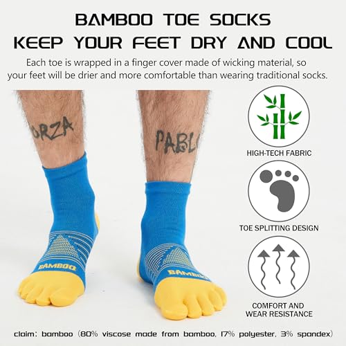Sunew 3 Pairs Toe Socks for Men Women,Viscose Bamboo Breathable Athletic Running Five Finger Ankle/Quarter Socks - color: Grey Blue Green, size: Large