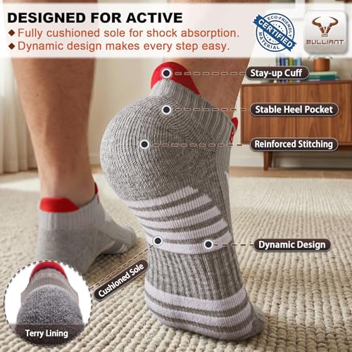 BULLIANT Men Cushioned Compression Nylon Ankle Running Socks No Show 6Pack - color: 6pairs-gray Heather 8627, size: 13-15