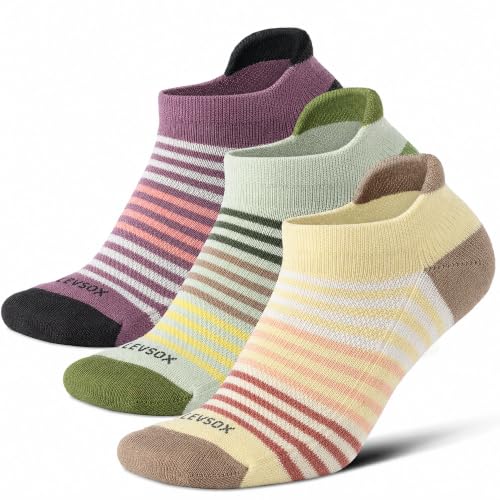 LEVSOX Ankle Compression Socks for Women and Men, Bamboo Viscose Low Cut Cushioned Athletic Running Socks - color: 3 Pairs-striped 1, size: X-Large