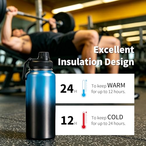 22 Oz Insulated Water Bottle with Handle, 304 Stainless Steel Sports Water Bottle, Wide Mouth Travel Bottle, Blue & Black