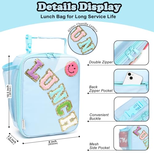 FlowFly Lunch box Insulated Soft Bag Mini Cooler Back to School Thermal Meal Tote Kit With Buckle and Mesh Side Pocket for Girls, Boys, BlueWithLetter - color: BlueWithLetter