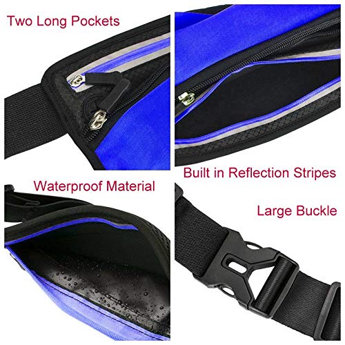 Running Belt Sport Waist Pack/Pouch w/Water Bottle Holder Hydration Fanny Pack Reflective Stripes Cellphone Storage Earphone hole for Dog walker Hiking Travel Adjustable Women/Men (BLACK/Royal Blue) - color: BLACK/Navy Blue