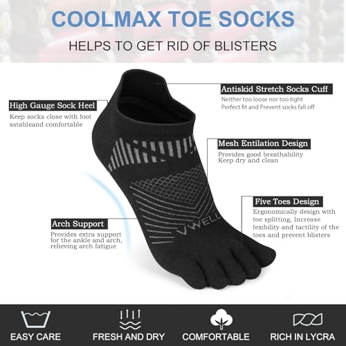 VWELL Toe Socks for Men Women COOLMAX Athletic Running Ankle Socks (3Pairs) - color: Black, size: Medium