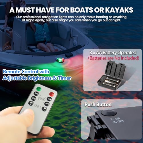 Battery Powered Navigation Light for Boat, Remote Control LED Marine Light with Dimmable & Timer Function, Waterproof Safety Light for Kayak Canoe Jon Bass Boat