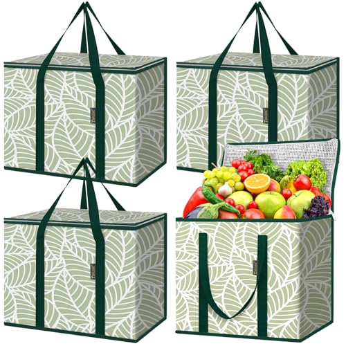 BALEINE Insulated Reusable Grocery Bags with Zippered Top, Large Cooler Bag - color: Antique Foliage, size: 4 Pack