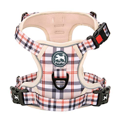 PoyPet Plaid Dog Harness Small, No Pull Vest with Front Clip & Neck Buckle - color: Checkered Beige, size: S