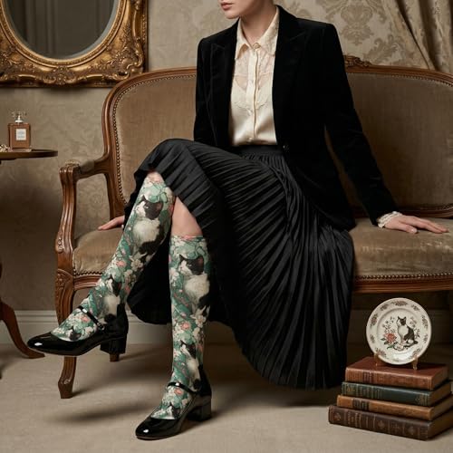 Cute Compression Socks Knee High Support Stockings Women Men - color: Cat Flower