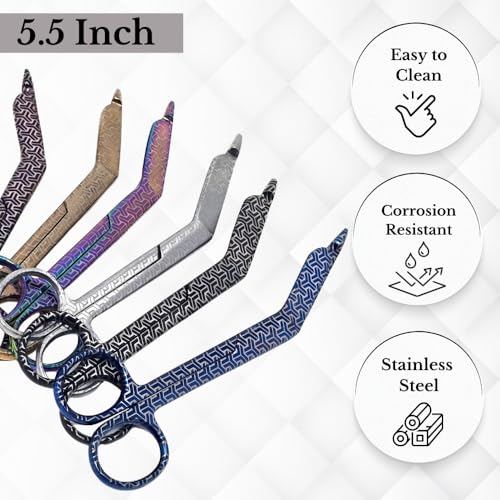 Bandage Scissors 5.5" Long Set of 6 Nurse Vet Tech Gift Made of Stainless Steel with Colorful Patterns First Aid Used For Cutting Gauze Tape Clothing Bandages Vet Wrap Adhesive Removal (Set 9) - style: Set 9