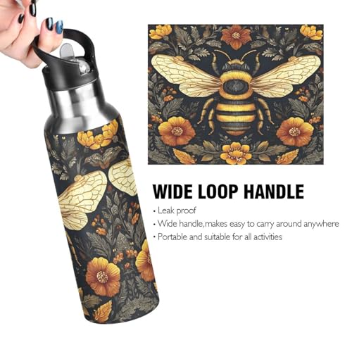 OTVEE Bohemian Golden Bee Water Bottle Sports Water Bottle Insulated Stainless Steel Hot Cold Water Mug with Straw Lid & Handle for Sports Gym 20 oz - color: Bohemian Golden Bee