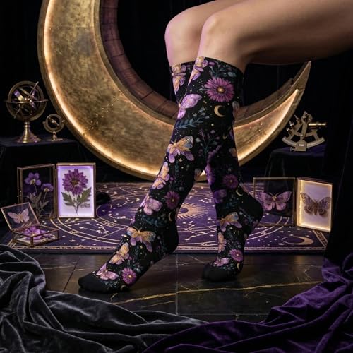 Cute Compression Socks Knee High Support Stockings Women Men - color: Purple Moth Flower