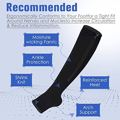 bropite Zipper Compression Socks Women & Men，2Pairs Calf Knee High 15-20mmHg Open Toe Compression Stocking suit for Walking Recovery, Pregnant, Nurse - color: C-black/Nude, size: Large-x-large