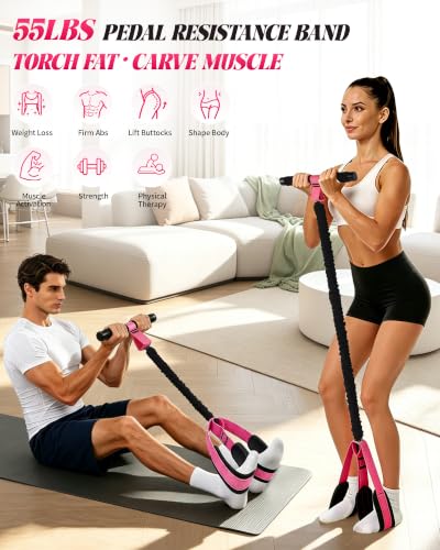 Pedal Resistance Bands with Handles, 2026 Upgraded 55LBS Exercise Bands - color: Pink