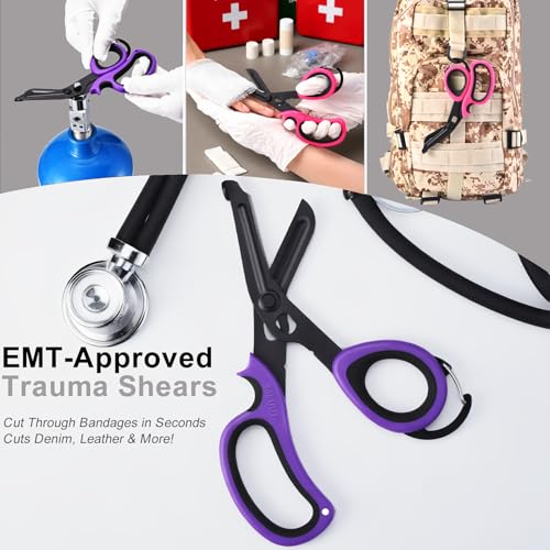 MEUUT Trauma Shears with Carabiner 7.5 Inch 2-Pack Medical Scissors - color: Pink/Black+purplish Red/Black