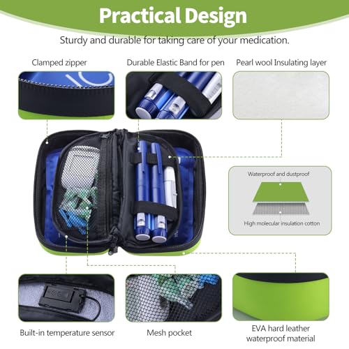 Insulin Cooler Travel Case TSA Approved Refrigerated Medicine Cooler for Travel w/Thermometer Temperature Diabetic Travel Case w/2 Reusable Ice Packs for Daily Life Trip - color: Green