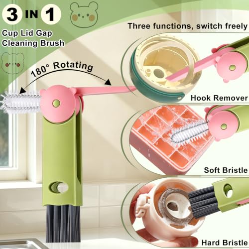 3 in 1 Cup Lid Gap Cleaning Brush, Multifunctional Bottle Lid Cleaner Brush, Home Kitchen Crevice Brush Cleaning Tools for Tight Spaces & Bottle Gaps, Portable Small Brush 3 PCS - color: Green Blue Red-bear