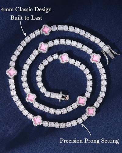 LuxeFlex 4mm Iced Out Four Leaf Tennis Chain,White Gold Plated with 5A Zircon Stones, exquisite Handmade Hip Hop Bling Necklace Perfect Unisex Jewelry Gift - color: White Gold-Pink, size: 20 INCH