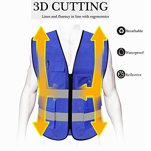 HYCOPROT High Visibility Mesh Safety Reflective Vest with Pockets and Zipper, Meets ANSI/ISEA Standards - color: Blue, size: X-Small
