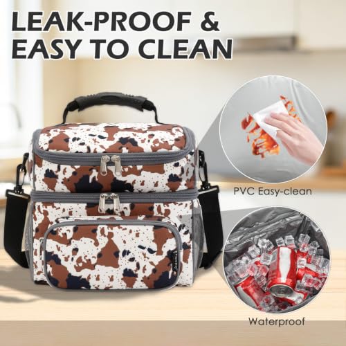 FlowFly Double Layer Cooler Insulated Lunch Bag Adult Lunch Box Large Tote Bag for Men, Women, With Adjustable Strap,Front Pocket and Dual Large Mesh Side Pockets - color: Cow