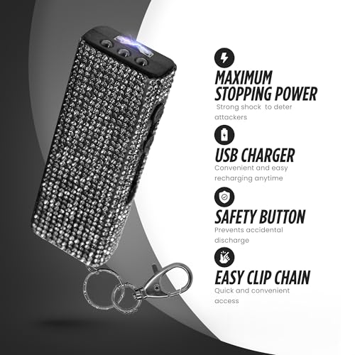 Guard Dog Security Bling It On Stun Gun and Pepper Spray for Self Defense, Fashionable Self-Defense Keychain Set for Women, Glow-in-the-Dark Actuator, 16-Ft Range, USB Rechargeable - color: Black
