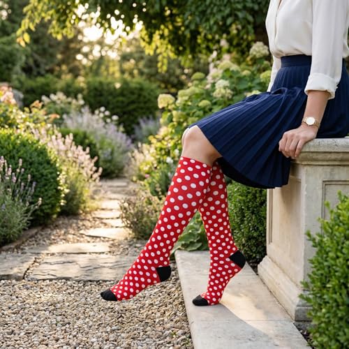 Compression Socks Knee High Support Stockings Women Men - color: Red White Polka Dot