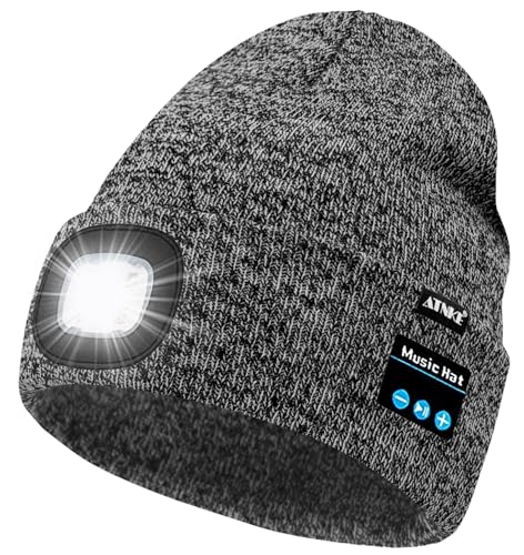 ATNKE LED Lighted Bluetooth Beanie Hat,USB Rechargeable 4 LED Wireless Music Running Headlamp Cap Gift for Men and Women - color: #Blended Black White