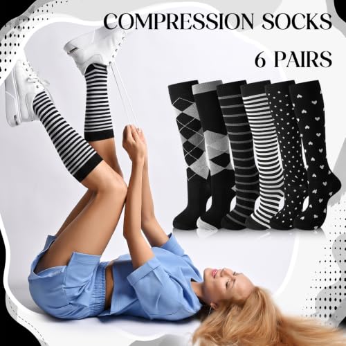 6 Pairs Compression Socks for Women Men - color: Black White Geometric