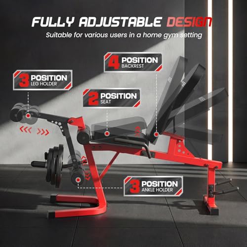 ANCHEER Leg Extension and Curl Machine, Adjustable Leg Workout Machine for Lower Body Training, 880LB Capacity Plate Loaded Leg Developer for Quads, Hamstrings & Glutes, Home Gym Equipment - color: Red