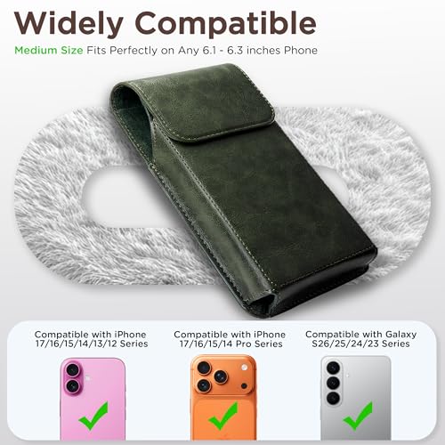Holster for iPhone 17, 17 Pro, 16, 16 Pro, 15, 15 Pro, 14, 14 Pro, 13, 13 Pro, 12, Galaxy S25, S24, S23, Premium Leather Pouch with Belt Clip Phone Holster Belt Case, Green -M - color: Green, size: Medium
