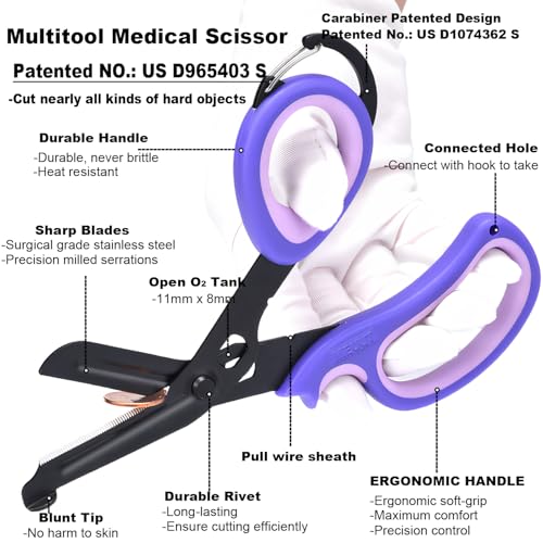 MEUUT Trauma Shears with Carabiner 7.5 Inch 2-Pack Medical Scissors - color: Purple/Purple+purple/Purple