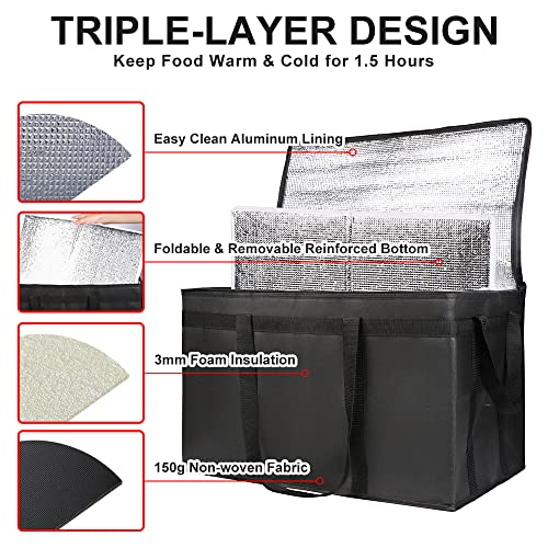 1-Pack Insulated Food Delivery Bag with Hard Bottom, 3X-Large, Black - color: Black, size: 3X-Large with Hard Bottom