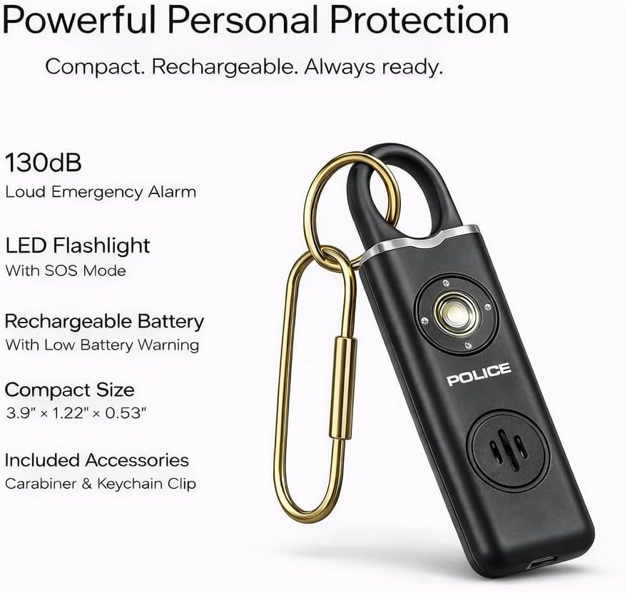 Police Personal Safety Alarm Keychain, Rechargeable Loud Emergency Alarm w/ Strobe Light, Portable Self Defense Alarm for Women, Kids, Seniors, Travel, Black