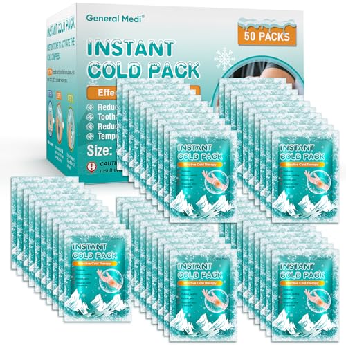General Medi Instant Ice Cold Pack (4”x 5.5”) – 50 Packs Disposable Cold Therapy Ice Packs for Pain Relief, Swelling, Inflammation, Sprains, Toothache – for Athletes & Outdoor Activities - size: 50 Packs (4”x 5.5”)