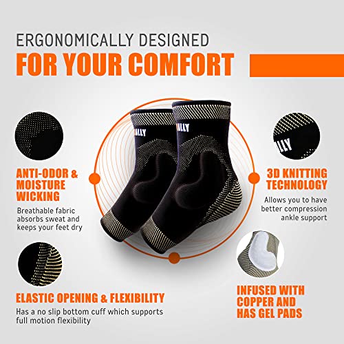 NeoAlly Copper Infused Ankle Brace Silicone Gel Ankle Support Compression Sleeves for Pain Relief, Plantar Fasciitis, Achilles Tendonitis, Large, 1 Pair