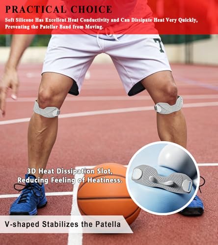 2 Pcs Silicone Patellar Tendon Support Strap, Knee Brace for Knee Pain Relief, Patella Band for Basketball, Jumpers Knee, Tendonitis, Running (Gray) - color: Gray