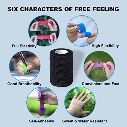 Self Adhesive Bandage Wrap| 12 Rolls 1" x 5 Yards Vet Tape, Medical Tape,Athletic Tape,Elastic Cohesive Bandage for Sports Injury,Stretch Athletic,Ankle,(Mix Color)