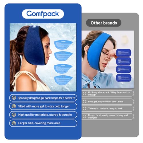 Comfpack Wisdom Teeth Ice Pack Head Wrap After Surgery, 4 Reusable Hot & Cold Therapy Gel Ice Packs for Face Swelling, TMJ, Chin, Oral Pain, Jaw Pain, Dark Blue - color: Dark Blue
