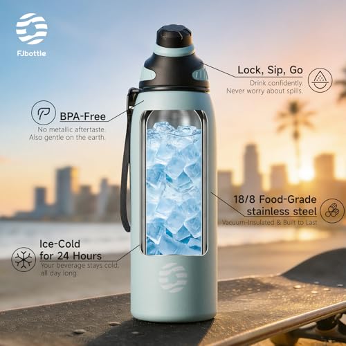 FJbottle 32oz Stainless Steel Insulated Water Bottle No Straw Spout Lid - color: Mint Green, size: 32 Ounces