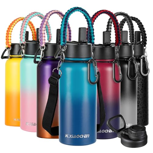 KXIAOCHEN Insulated Water Bottle with Strap, 48-Hour Cold, 2 Lids - color: Dark-Night, size: 32 Ounces