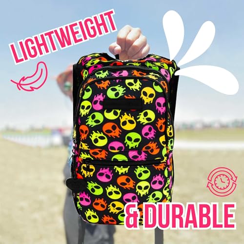 Kandies World Reflective Festival Hydration Pack - 2L Hydropack for Raves, Hiking, Biking, Running, and More (with Anti-Theft Pocket) - style: Skull Alien