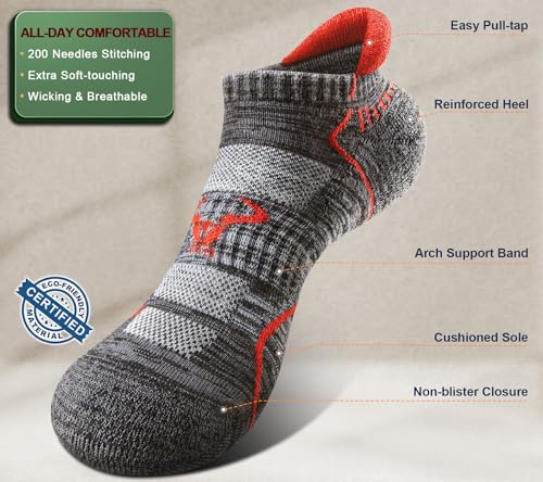 BULLIANT Men Running Ankle Socks 6Pack-Cushioned Support-Low Cut No Show - color: Black8918, size: 5-7