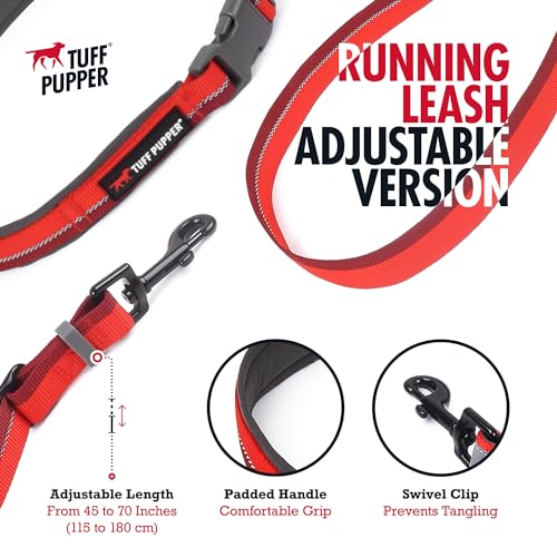 Tuff Pupper Hands Free Adjustable Length Dog Leash | Lightweight for Running Jogging Walking | Padded Waist Belt (24-50 inch) | Adjusts 3 to 6 Feet Length | Strong Ballistic Nylon w/Reflective Strips - color: Fiery Red
