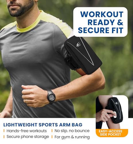 HiRui Cell Phone Holder Arm Bag & Wrist Bag for Phone, Sports Running Armband for Gym & Cycling, Compatible with iPhone 17/17Pro/Plus/16/15 Samsung Galaxy All Phones, Reflective & Adjustable (Black) - color: Black