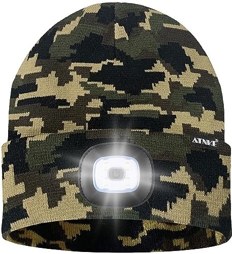 ATNKE LED Lighted Bluetooth Beanie Hat,USB Rechargeable 4 LED Wireless Music Running Headlamp Cap Gift for Men and Women - color: #Camouflage Green