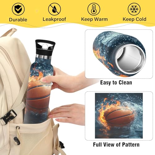 Basketball Water Flame Water Bottle Thermos Stainless Steel Vacuum Insulated Mouth Bottle with Wide Handle - color: Basketball Water Flame