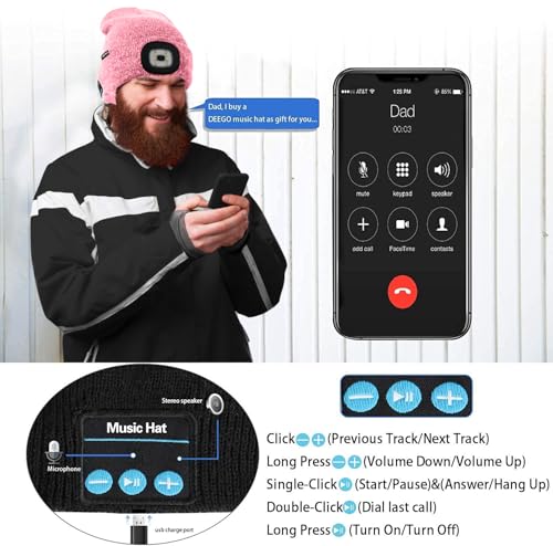 ATNKE LED Lighted Bluetooth Beanie Hat,USB Rechargeable 4 LED Wireless Music Running Headlamp Cap Gift for Men and Women - color: #Blended Pink Goldwire