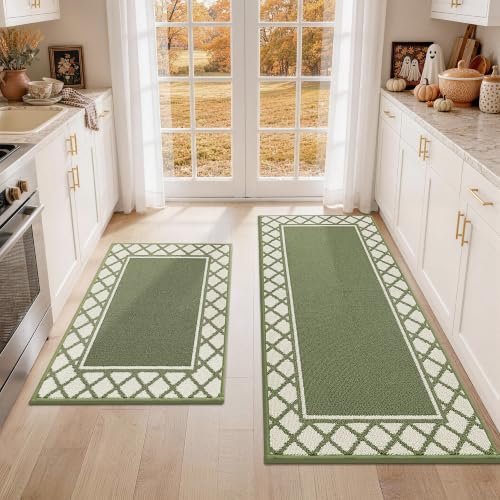 COSY HOMEER Washable Kitchen Rugs Sets of 2 Non-Slip Kitchen Mats,Green - color: Green, size: 20"x30" + 20"x48"
