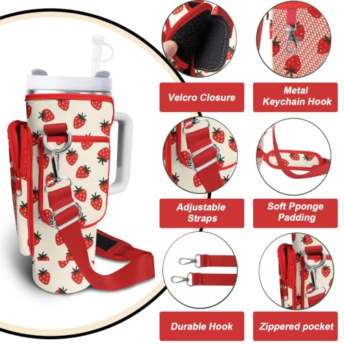 Water Bottle Carrier Bag for Stanley Cup 40/30oz, Neoprene Water Bottle Holder Pouch with 3 Pocket Adjustable Shoulder & Hand Strap - color: Cute Strawberry