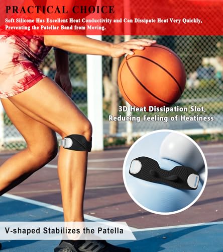 2 Pcs Silicone Patellar Tendon Support Strap, Knee Brace for Knee Pain Relief, Patella Band for Basketball, Jumpers Knee, Tendonitis, Running (Black) - color: Black